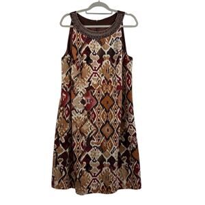 Jessica Howard Beaded Neck Brown Ikat Linen Blend Dress 14W Shift Midi Tribal